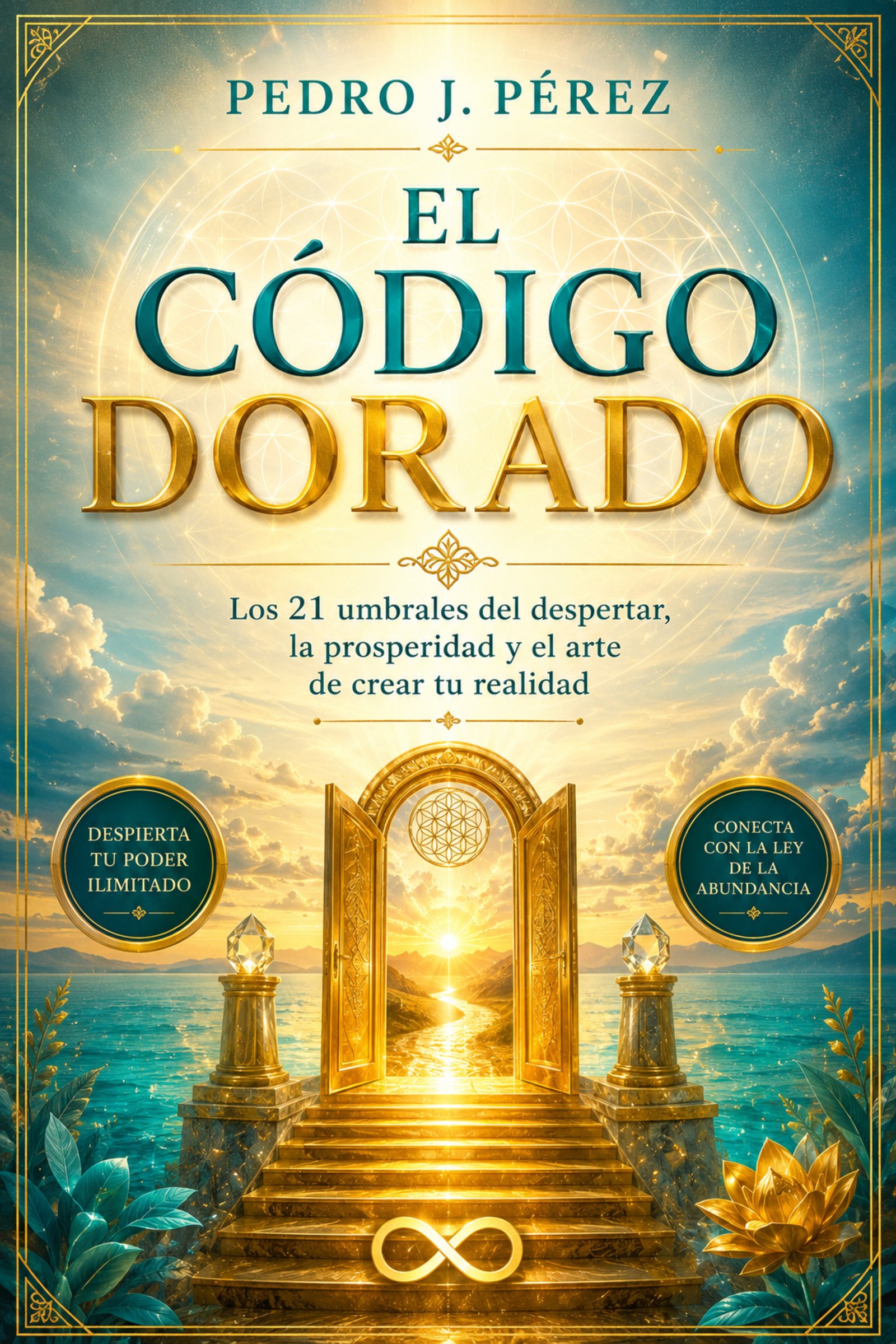 Portada de El Código Dorado, de Pedro J. Pérez: una puerta dorada abierta sobre el mar al final de una escalinata