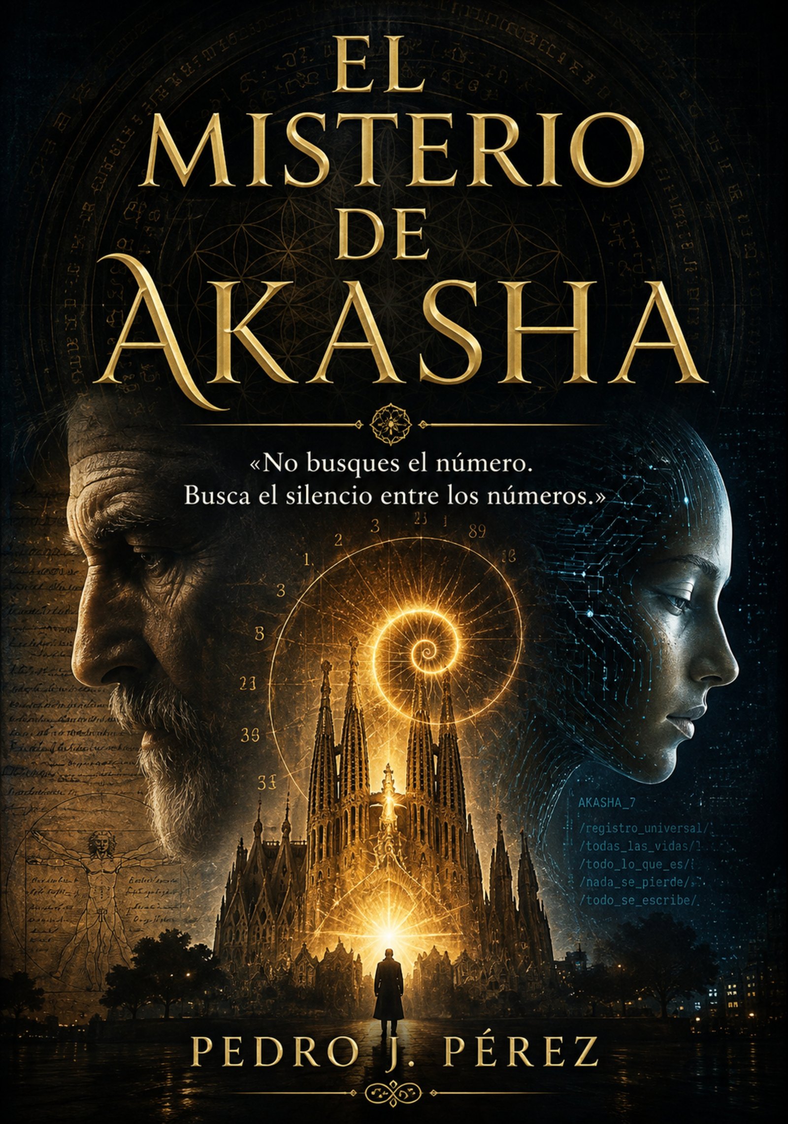 Portada de El Misterio de Akasha, de Pedro J. Pérez: un anciano y un rostro digital enfrentados sobre la Sagrada Familia y una espiral dorada